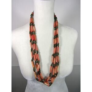 Orange Silver Tone  Bead Necklace 28" Boho Whimsigoth Cottagecore Hippie Barrell